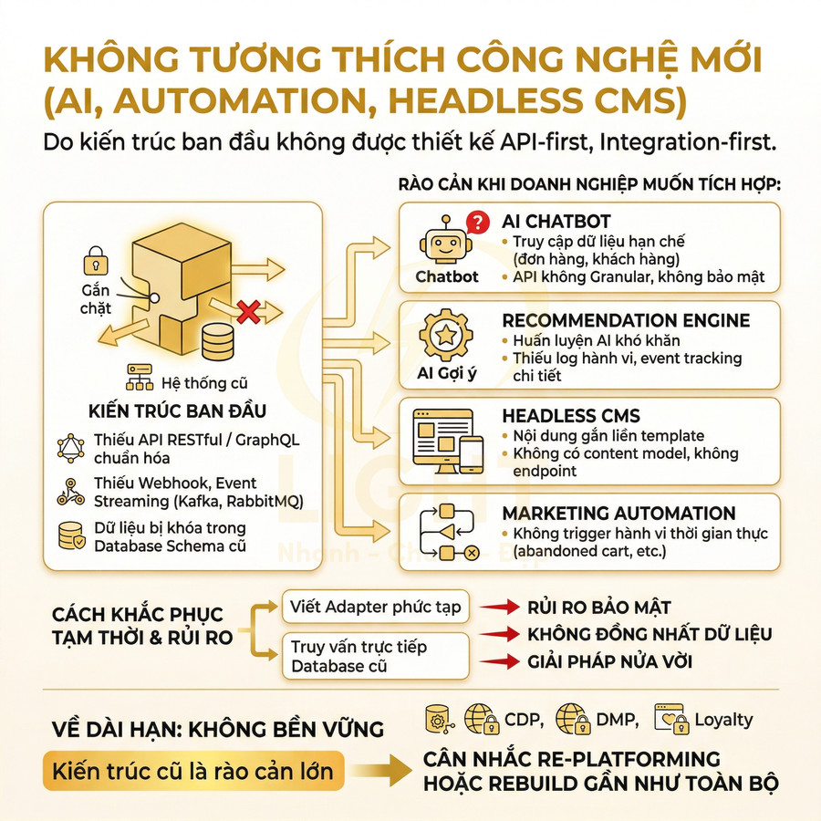 Infographic mô tả rào cản của kiến trúc hệ thống cũ khi tích hợp AI, automation và headless CMS trong doanh nghiệp