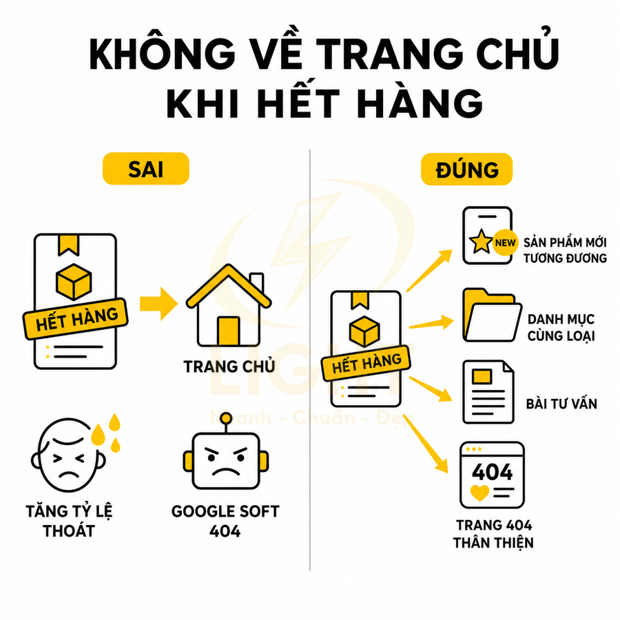 Hướng dẫn xử lý sản phẩm hết hàng: không về trang chủ mà dẫn sang sản phẩm tương đương, danh mục, bài tư vấn hoặc trang 404