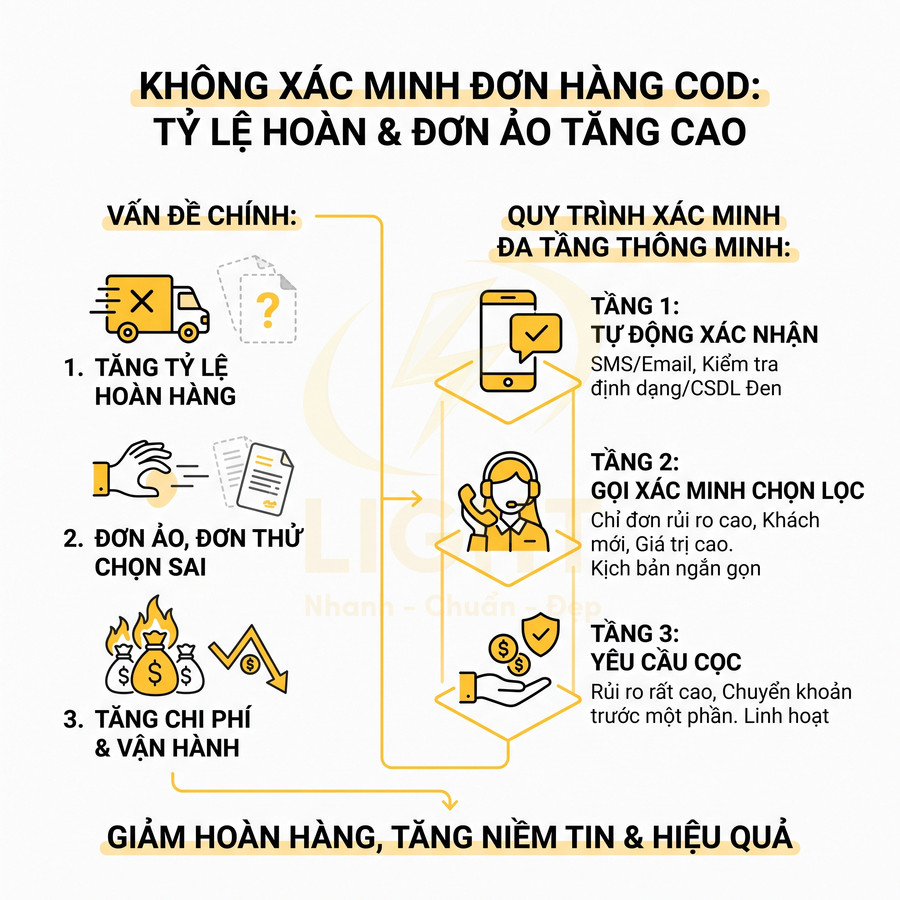 Infographic quy trình xác minh đơn hàng COD nhiều tầng giúp giảm hoàn hàng và đơn ảo cho shop online