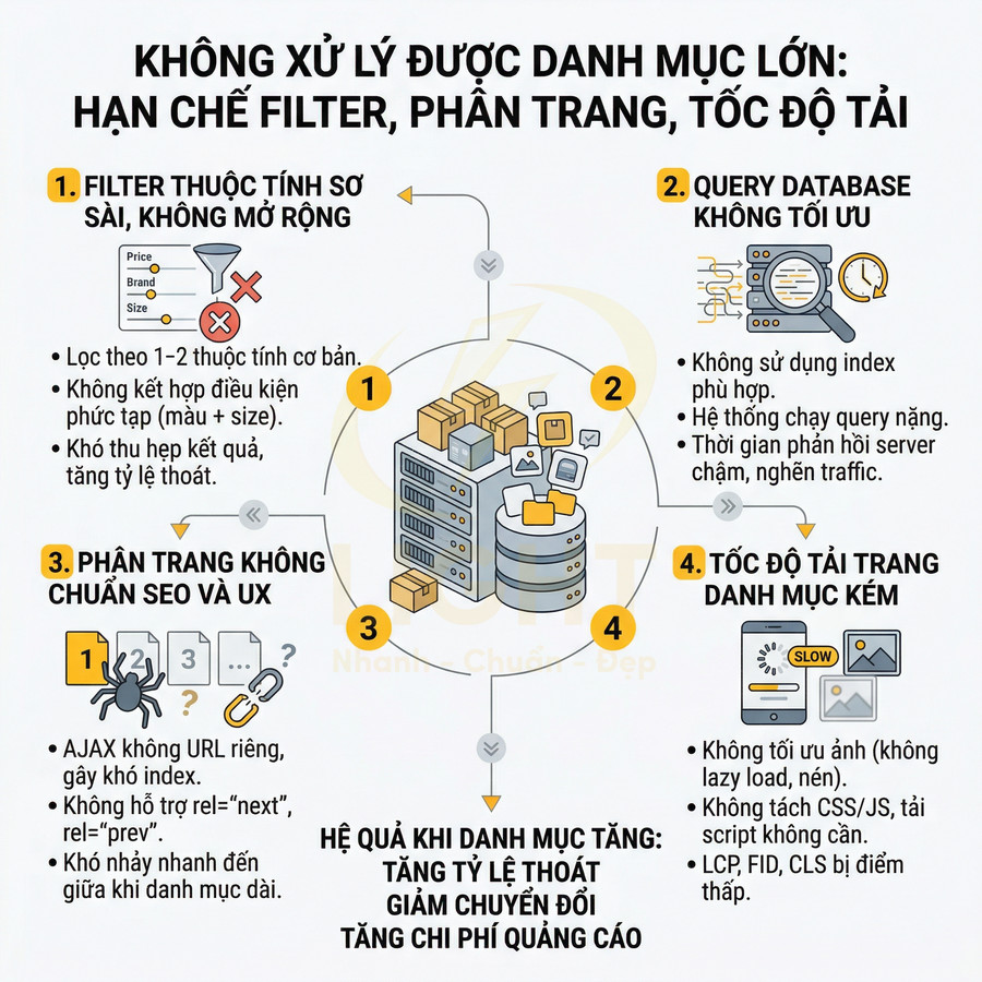 Infographic lỗi xử lý danh mục lớn trong SEO: filter sơ sài, query database không tối ưu, phân trang kém, tốc độ tải chậm