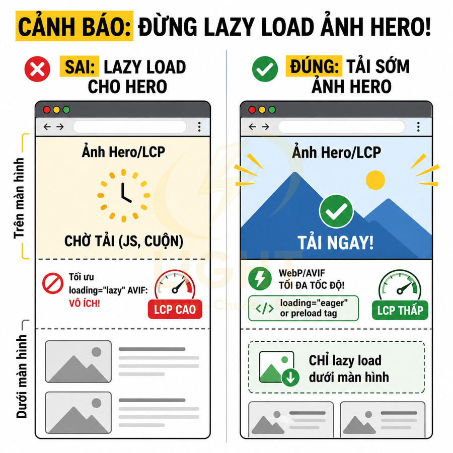 Minh họa so sánh sai và đúng khi lazy load ảnh hero để tối ưu LCP và tốc độ tải trang web