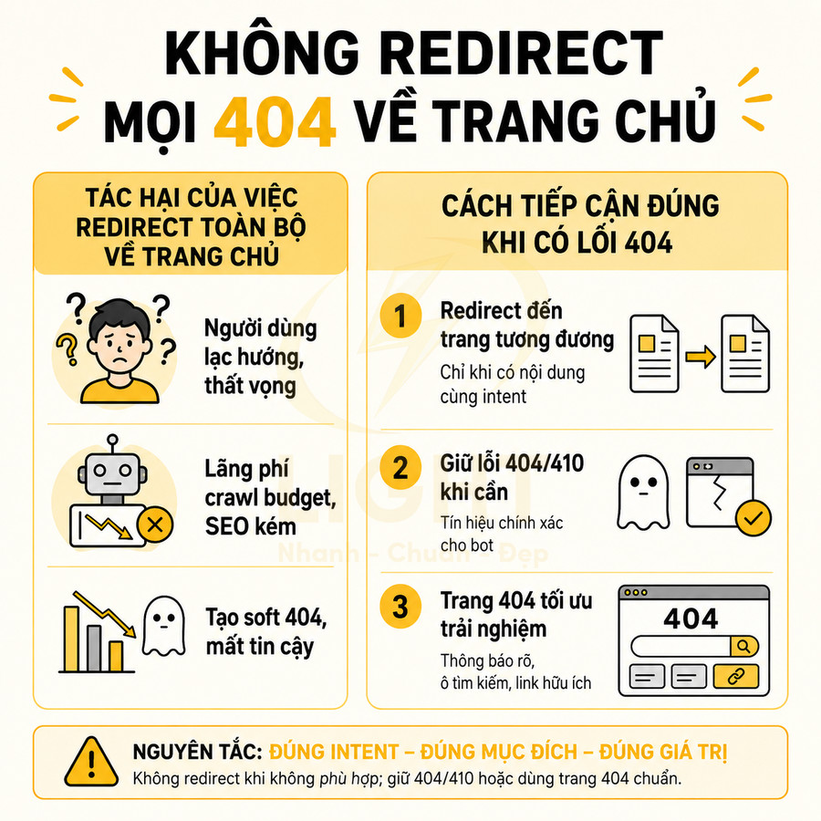 Hướng dẫn SEO giải thích tác hại redirect mọi lỗi 404 về trang chủ và cách xử lý 404 đúng chuẩn