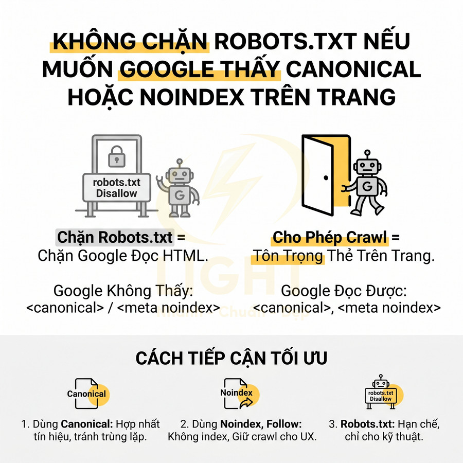 Hướng dẫn SEO giải thích không chặn robots.txt để Google đọc thẻ canonical và noindex trên trang