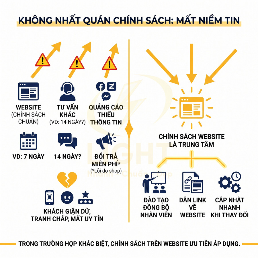 Infographic quy trình xây dựng chính sách bán hàng thống nhất trên website, quảng cáo và tư vấn để tránh mất niềm tin khách hàng