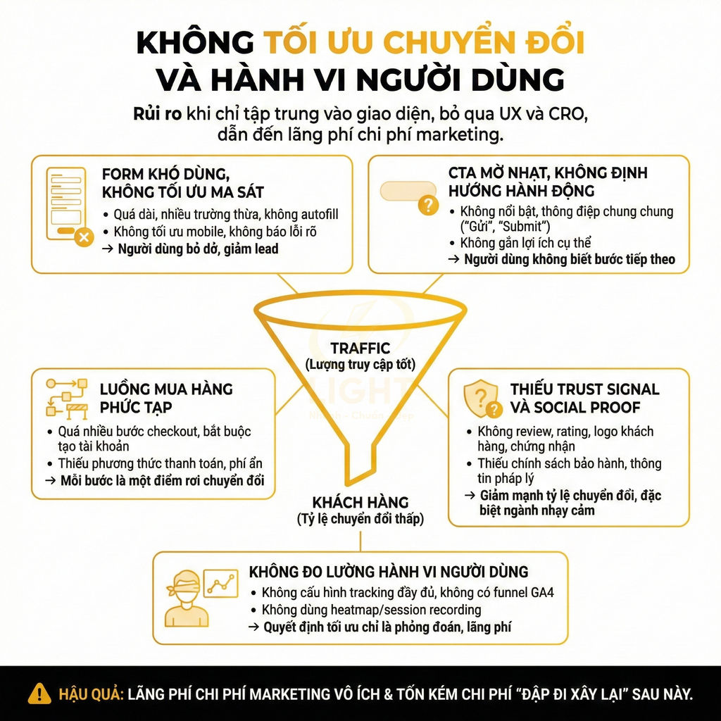 Infographic tiếng Việt về rủi ro không tối ưu chuyển đổi và hành vi người dùng trong marketing online