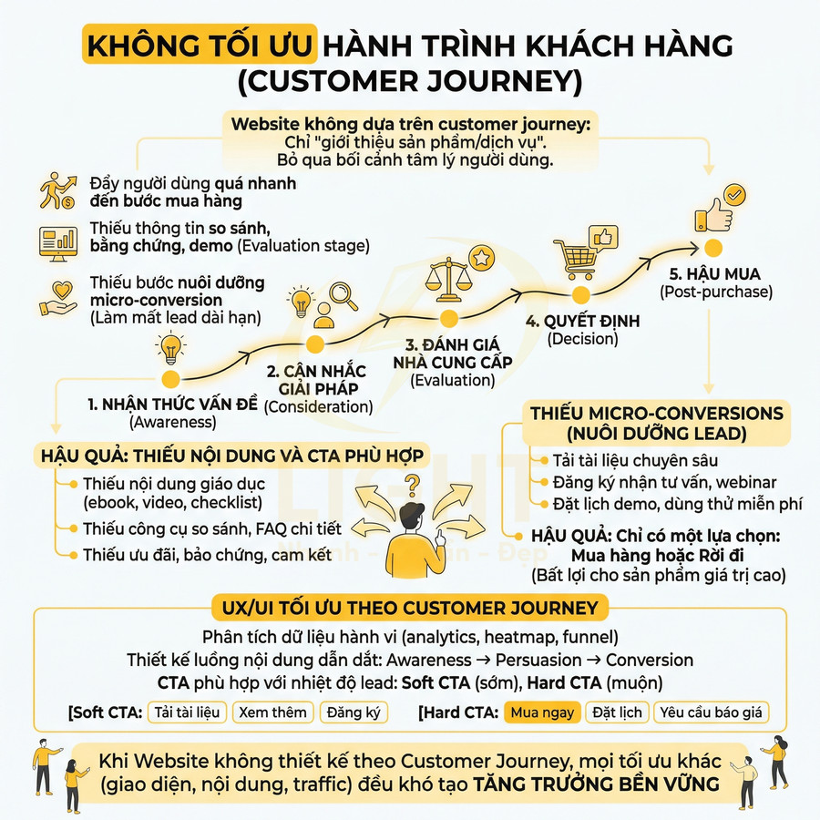 Infographic quy trình tối ưu UX UI theo hành trình khách hàng trên website, các bước từ nhận thức đến hậu mua