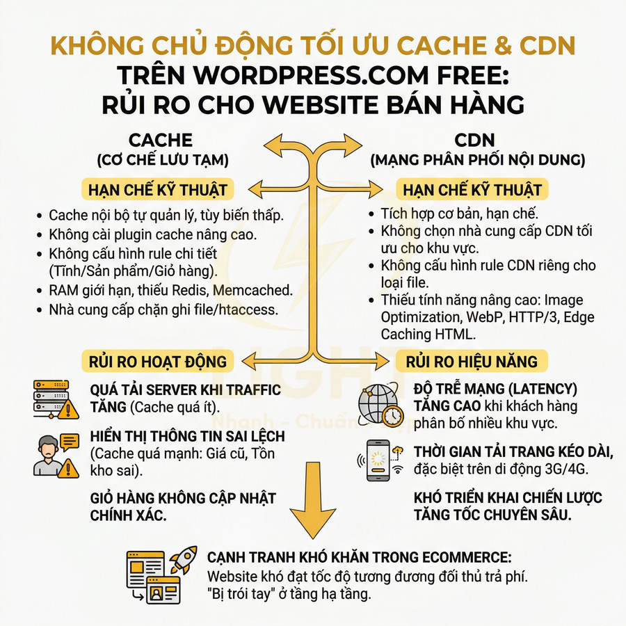 Infographic cảnh báo rủi ro cho website bán hàng khi không tối ưu cache và CDN trên WordPress.com Free