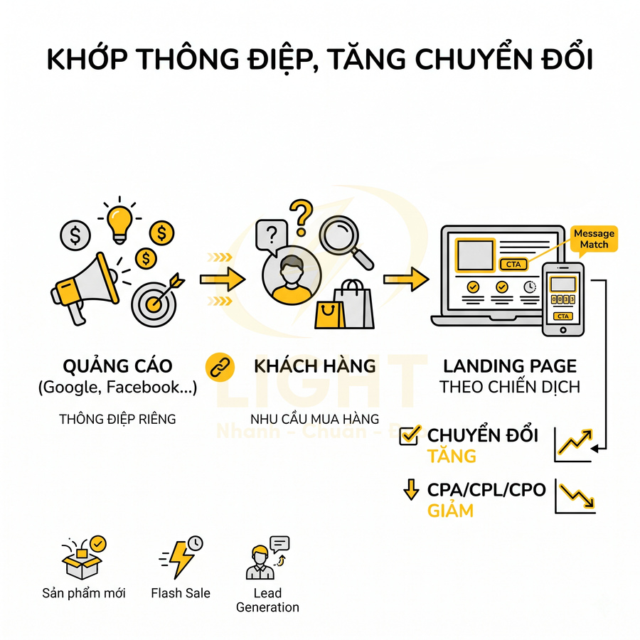 Mô hình quy trình quảng cáo đến landing page giúp khớp thông điệp và tăng chuyển đổi, giảm chi phí CPA CPL CPO