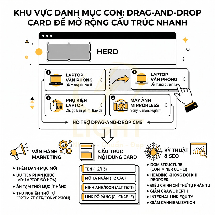 Mô tả giao diện danh mục con drag and drop CMS cho laptop, phụ kiện laptop và máy ảnh mirrorless hỗ trợ tối ưu SEO