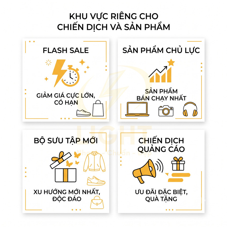 Banner giới thiệu khu vực riêng cho flash sale, sản phẩm chủ lực, bộ sưu tập mới và chiến dịch quảng cáo ưu đãi