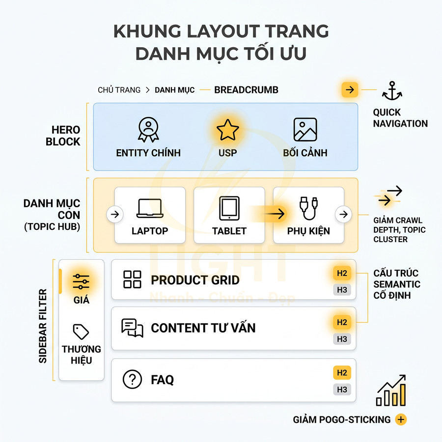Khung layout trang danh mục tối ưu với hero block, danh mục con laptop tablet phụ kiện, product grid và sidebar filter