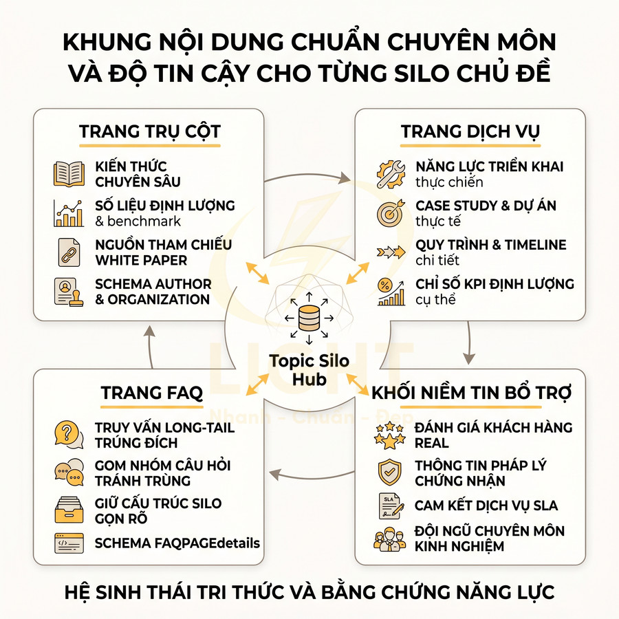 Khung nội dung chuẩn chuyên môn và độ tin cậy cho từng silo chủ đề trong chiến lược SEO nội dung