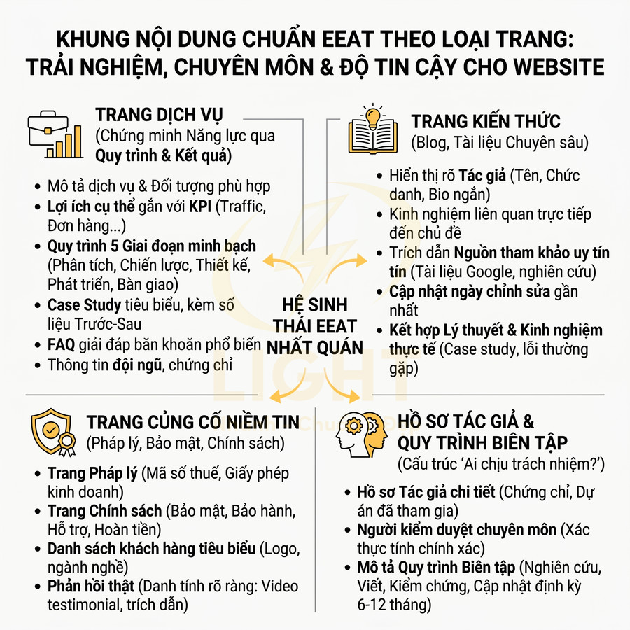 Khung nội dung chuẩn EEAT cho website với các loại trang dịch vụ, kiến thức, củng cố niềm tin và hồ sơ tác giả