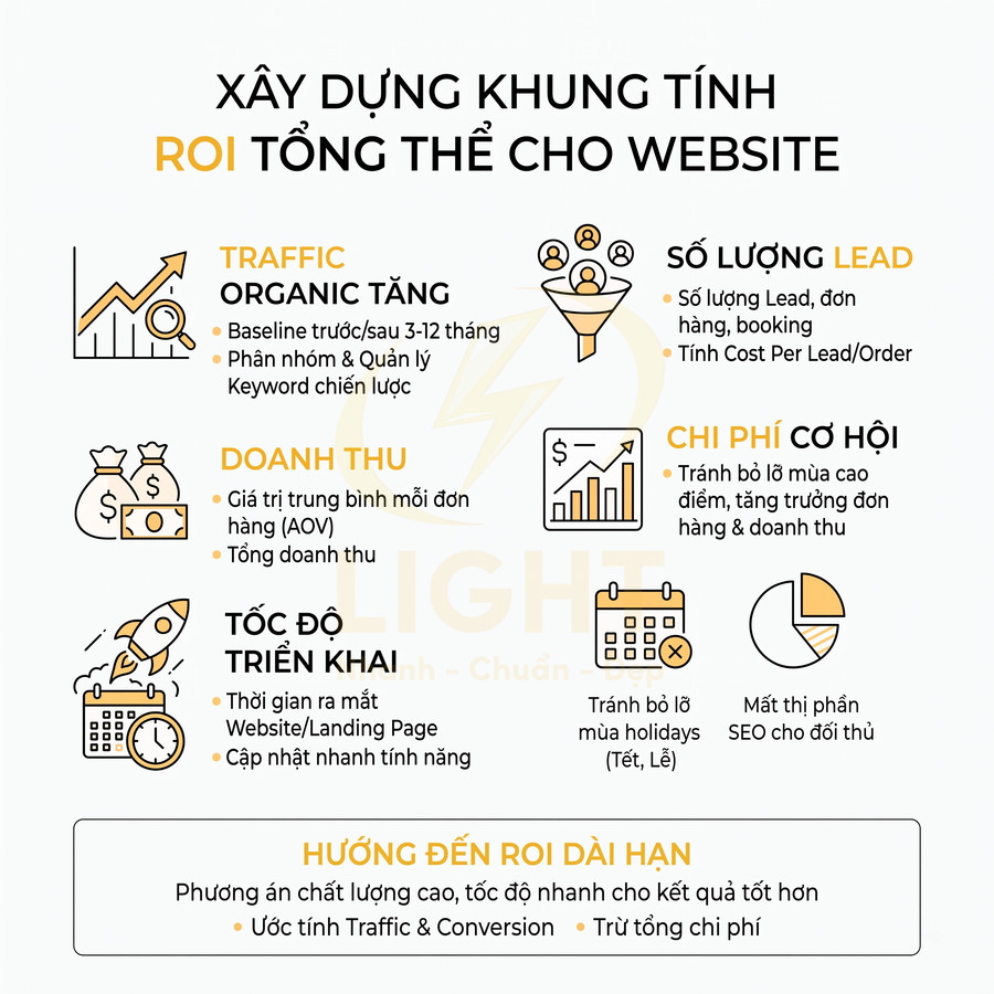Infographic các yếu tố xây dựng khung tính ROI tổng thể cho website và hướng đến ROI dài hạn
