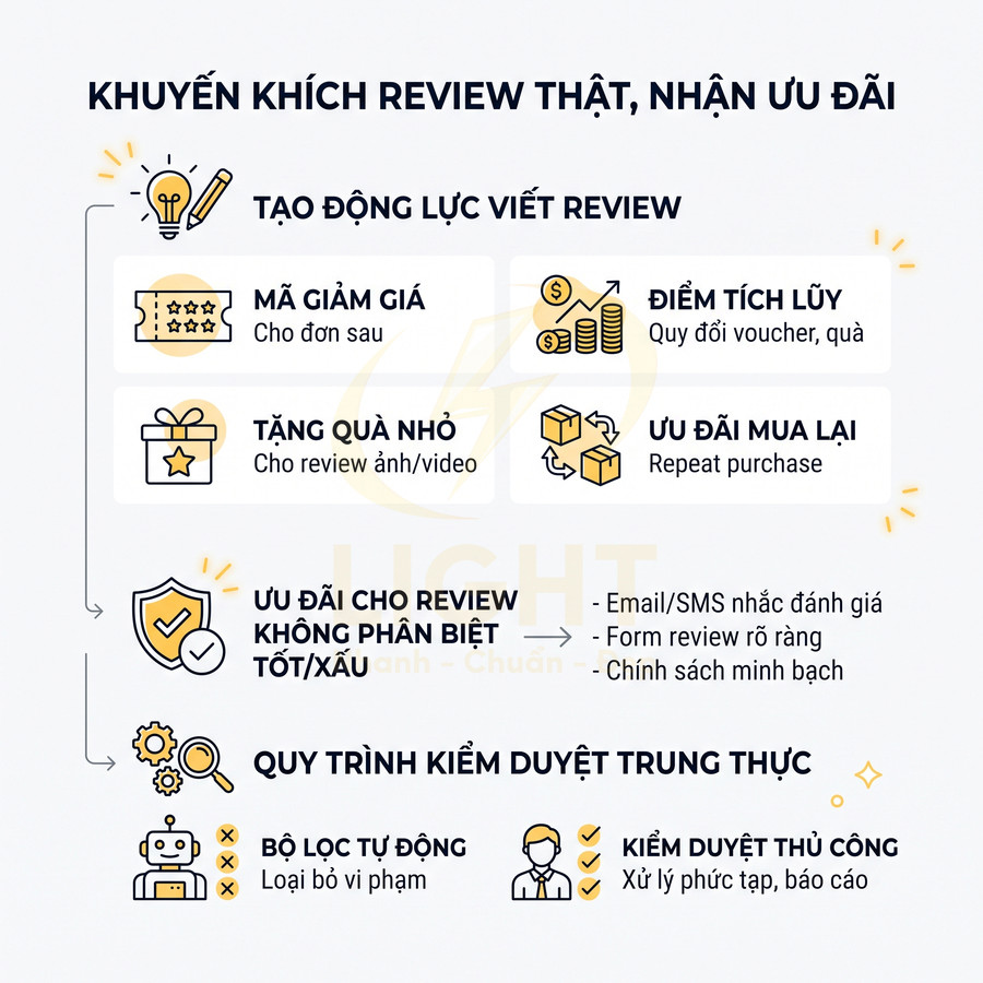 Infographic khuyến khích khách hàng viết review thật bằng mã giảm giá, quà tặng, điểm tích lũy và quy trình kiểm duyệt trung thực