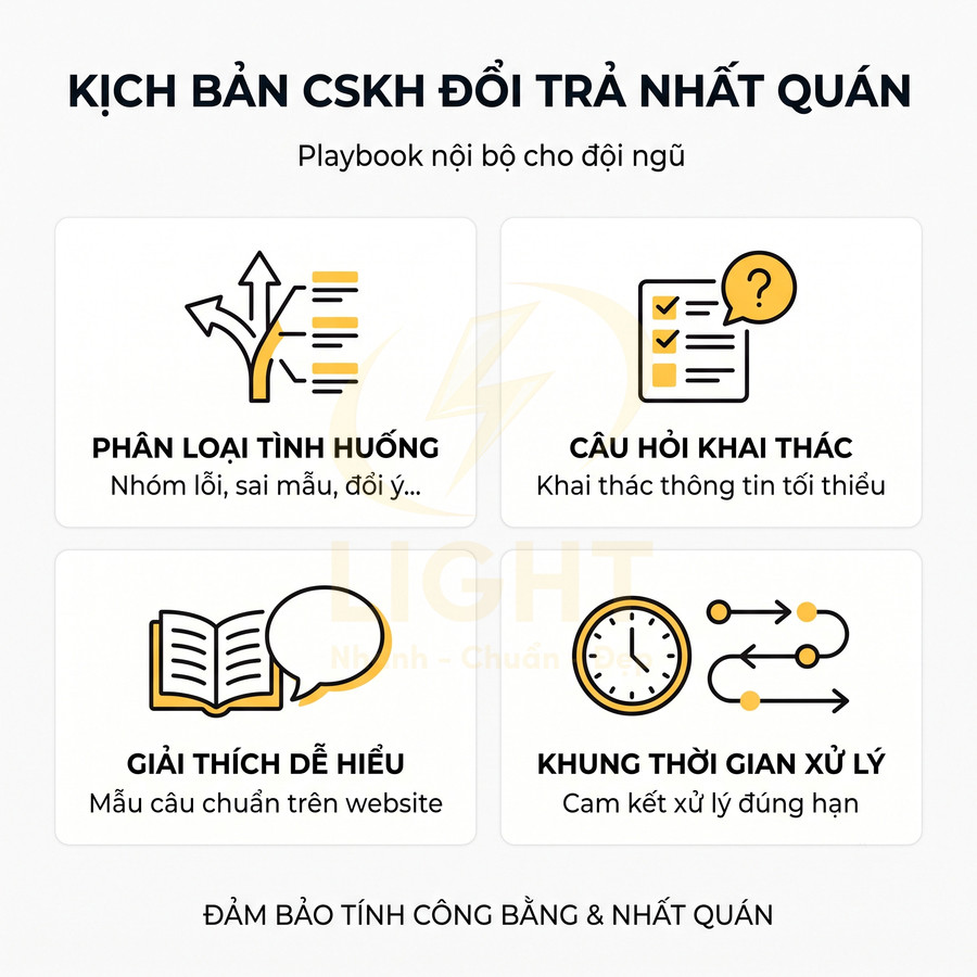 Kịch bản CSKH đổi trả nhất quán với phân loại tình huống, câu hỏi khai thác, giải thích dễ hiểu và khung thời gian xử lý