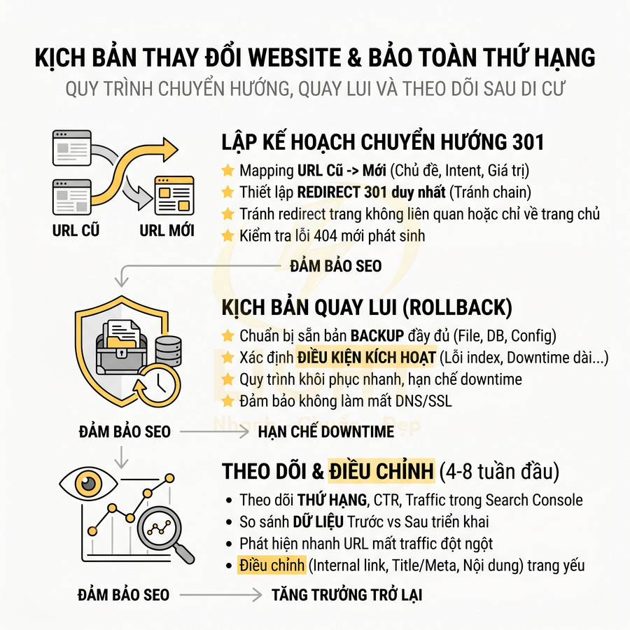 Quy trình thay đổi website và bảo toàn thứ hạng SEO với chuyển hướng 301, kịch bản quay lui và theo dõi điều chỉnh