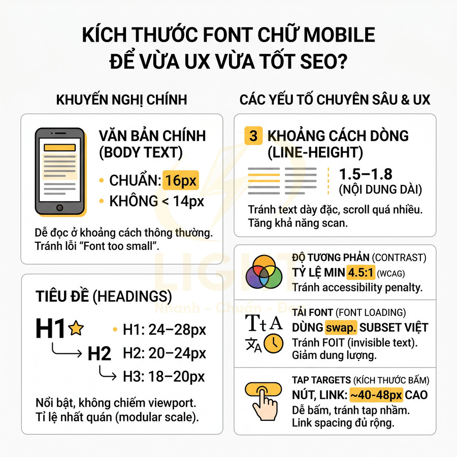 Infographic hướng dẫn kích thước font chữ mobile chuẩn UX và SEO, gồm body text 16px, headings, line height và tap targets