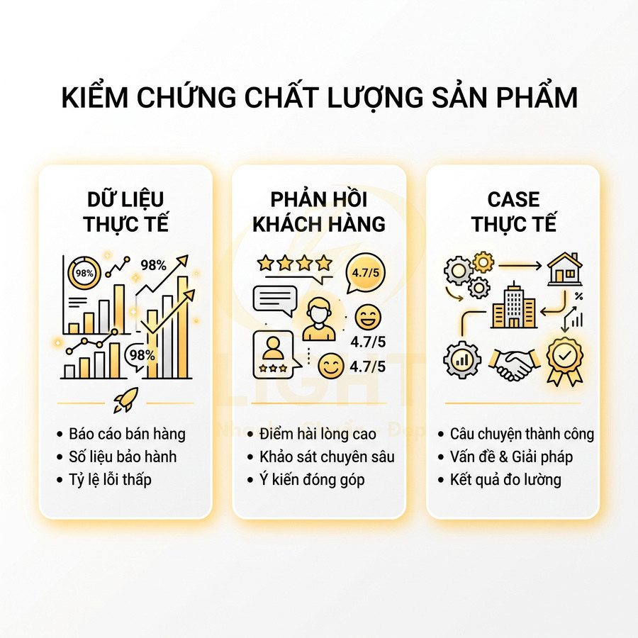 Infographic kiểm chứng chất lượng sản phẩm với dữ liệu thực tế, phản hồi khách hàng và case study thực tế