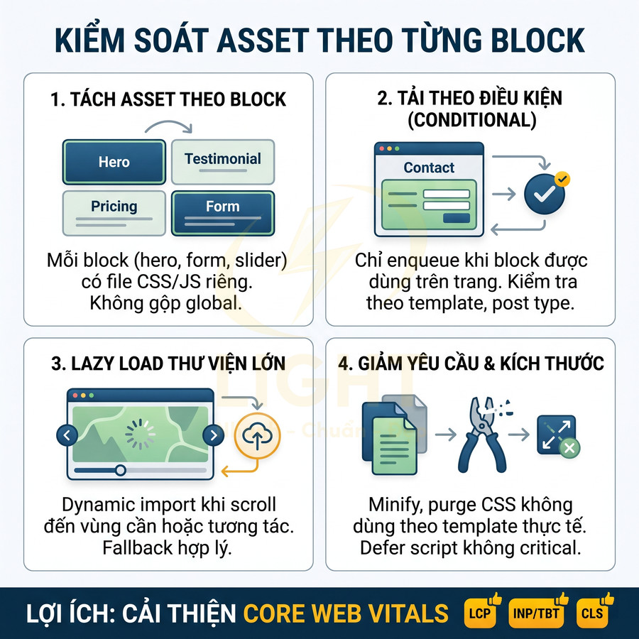 Infographic hướng dẫn kiểm soát asset theo block để tối ưu CSS, JS và cải thiện Core Web Vitals cho website