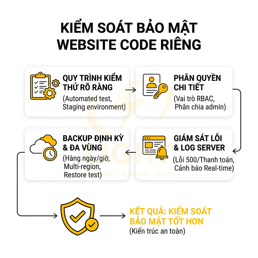 Quy trình kiểm soát bảo mật website code riêng với kiểm thử, phân quyền, backup và giám sát lỗi log server