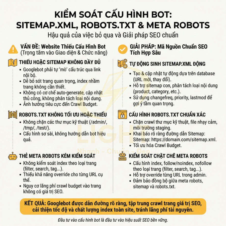 Hướng dẫn kiểm soát cấu hình bot với sitemap.xml, robots.txt và meta robots để tối ưu crawl và index SEO