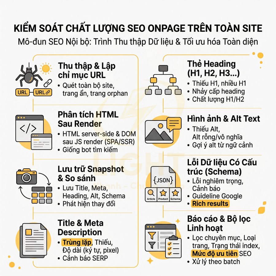 Infographic kiểm soát chất lượng SEO onpage toàn site với các bước thu thập dữ liệu và tối ưu nội dung