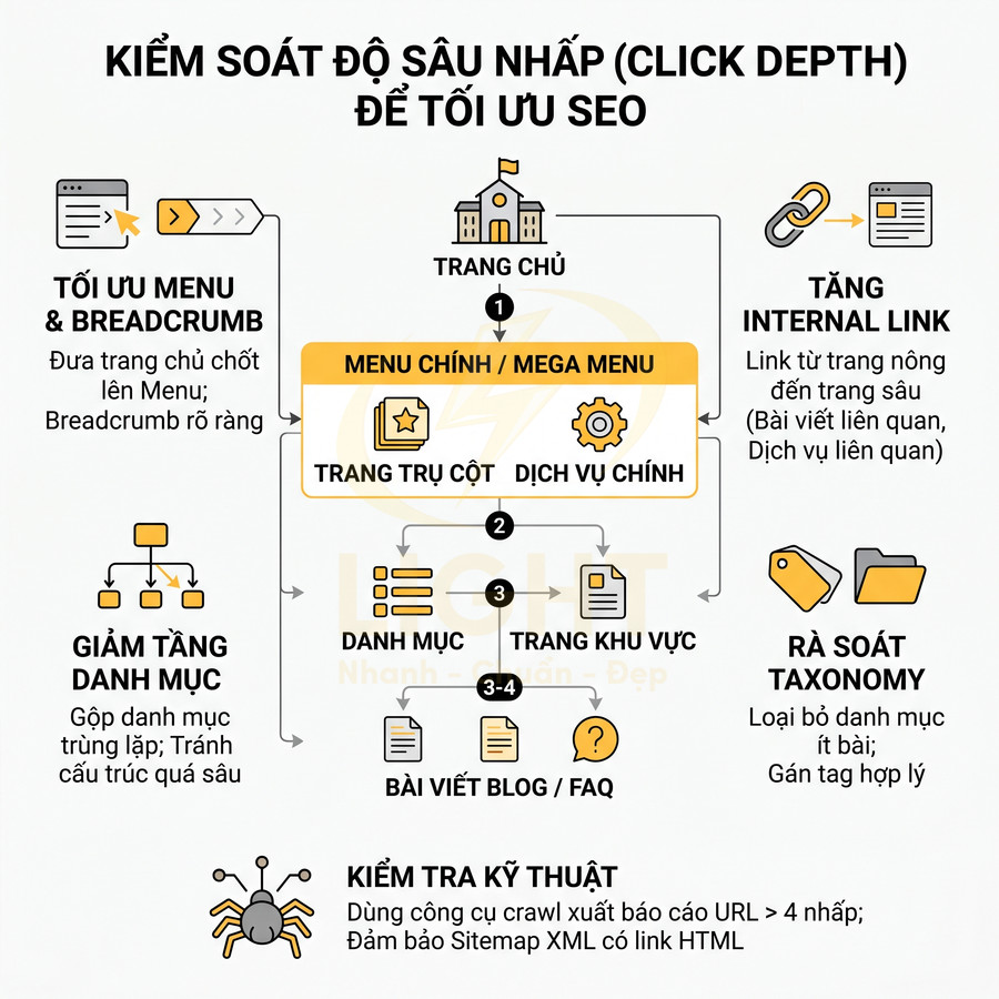 Sơ đồ hướng dẫn kiểm soát độ sâu nhấp click depth để tối ưu cấu trúc website cho SEO