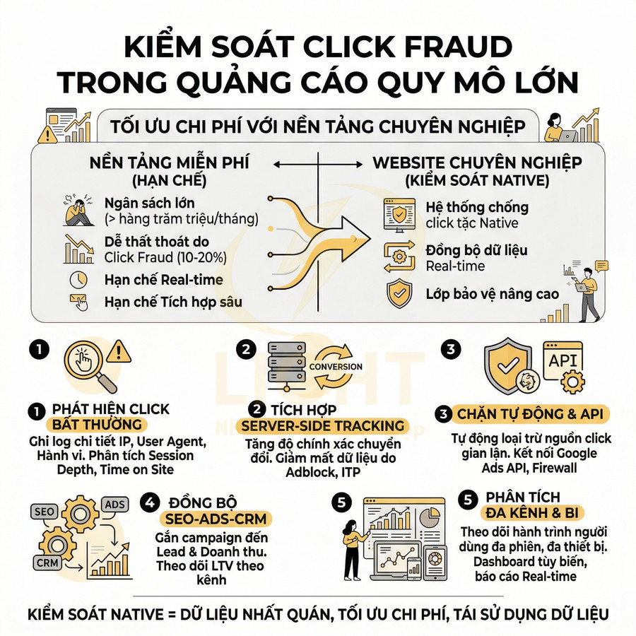 Infographic giải pháp kiểm soát click fraud trong quảng cáo quy mô lớn với các bước phát hiện, chặn tự động và phân tích dữ liệu