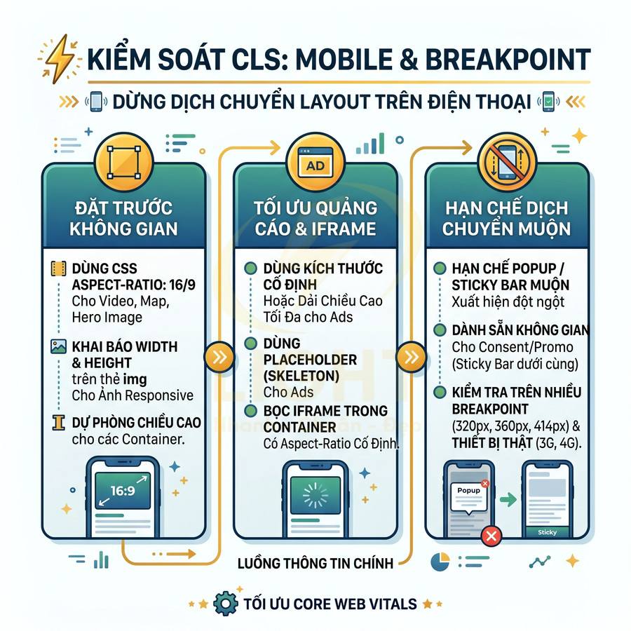 Infographic hướng dẫn kiểm soát CLS trên mobile với ba cột tối ưu không gian, quảng cáo iframe và hạn chế dịch chuyển muộn