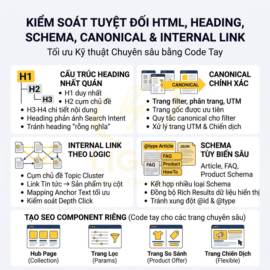 Infographic hướng dẫn tối ưu HTML heading schema canonical internal link và tạo SEO component riêng cho website