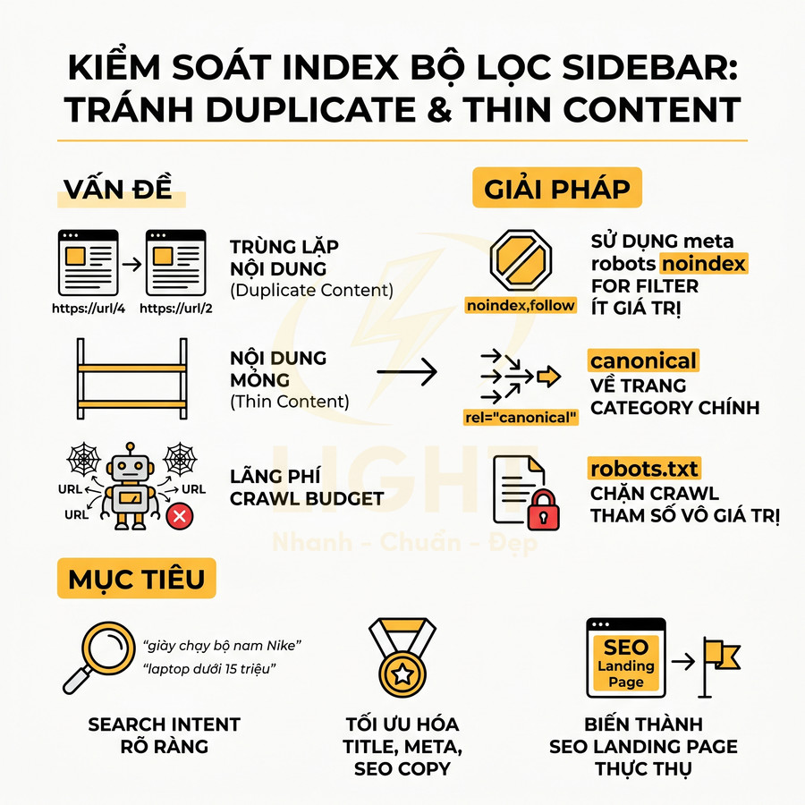 Hướng dẫn kiểm soát index bộ lọc sidebar để tránh duplicate content và nội dung mỏng trong SEO website