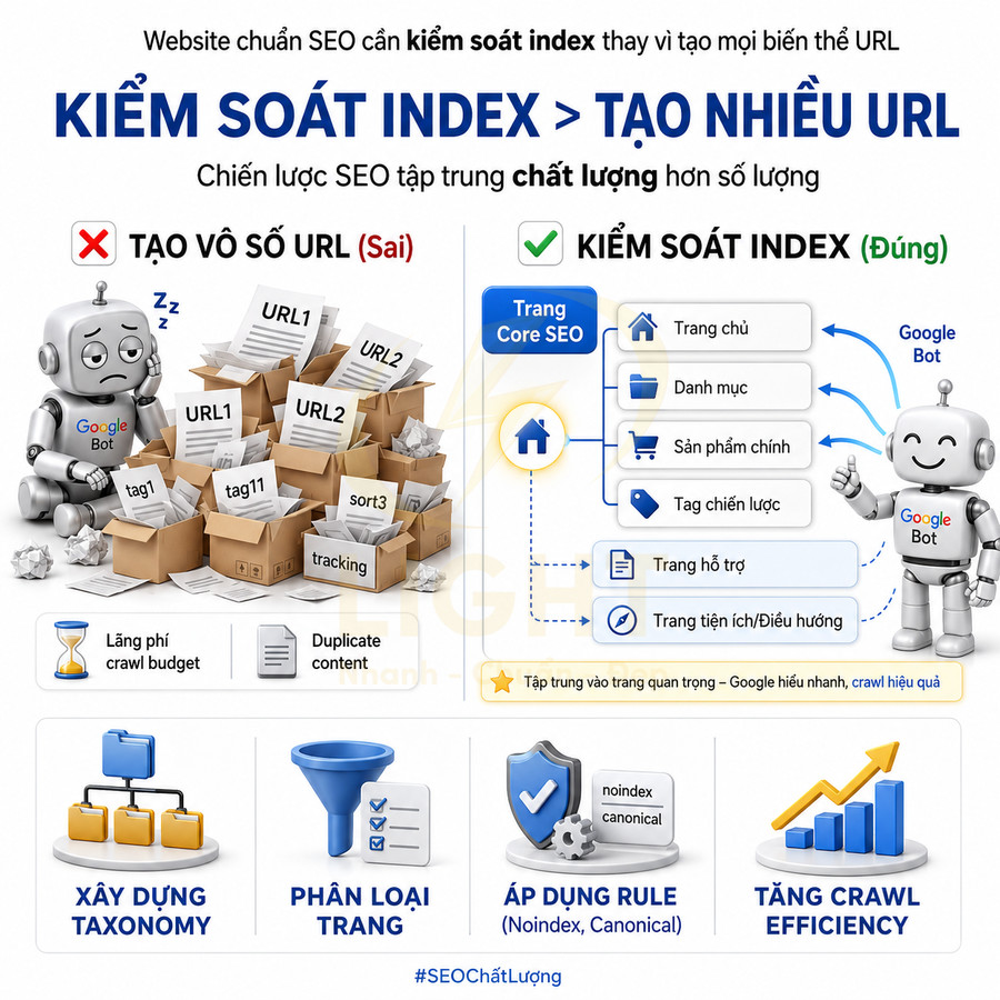 Infographic hướng dẫn kiểm soát index thay vì tạo nhiều URL để tối ưu SEO và tăng hiệu quả crawl Google Bot