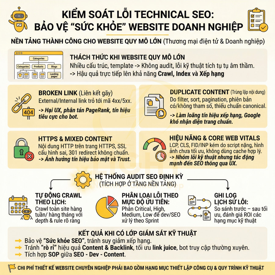 Infographic kiểm soát lỗi technical SEO để bảo vệ sức khỏe website doanh nghiệp và tối ưu hiệu suất, bảo mật, nội dung