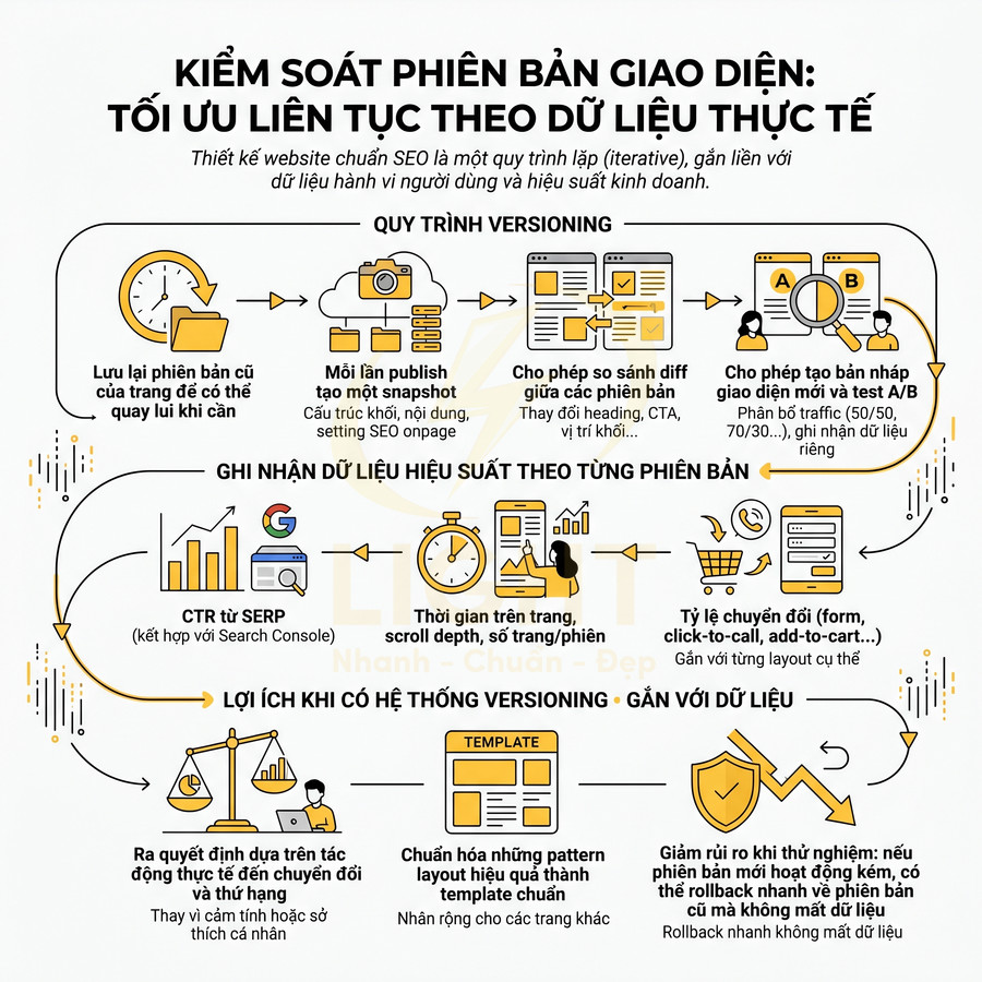 Infographic quy trình kiểm soát phiên bản giao diện website để tối ưu SEO theo dữ liệu thực tế