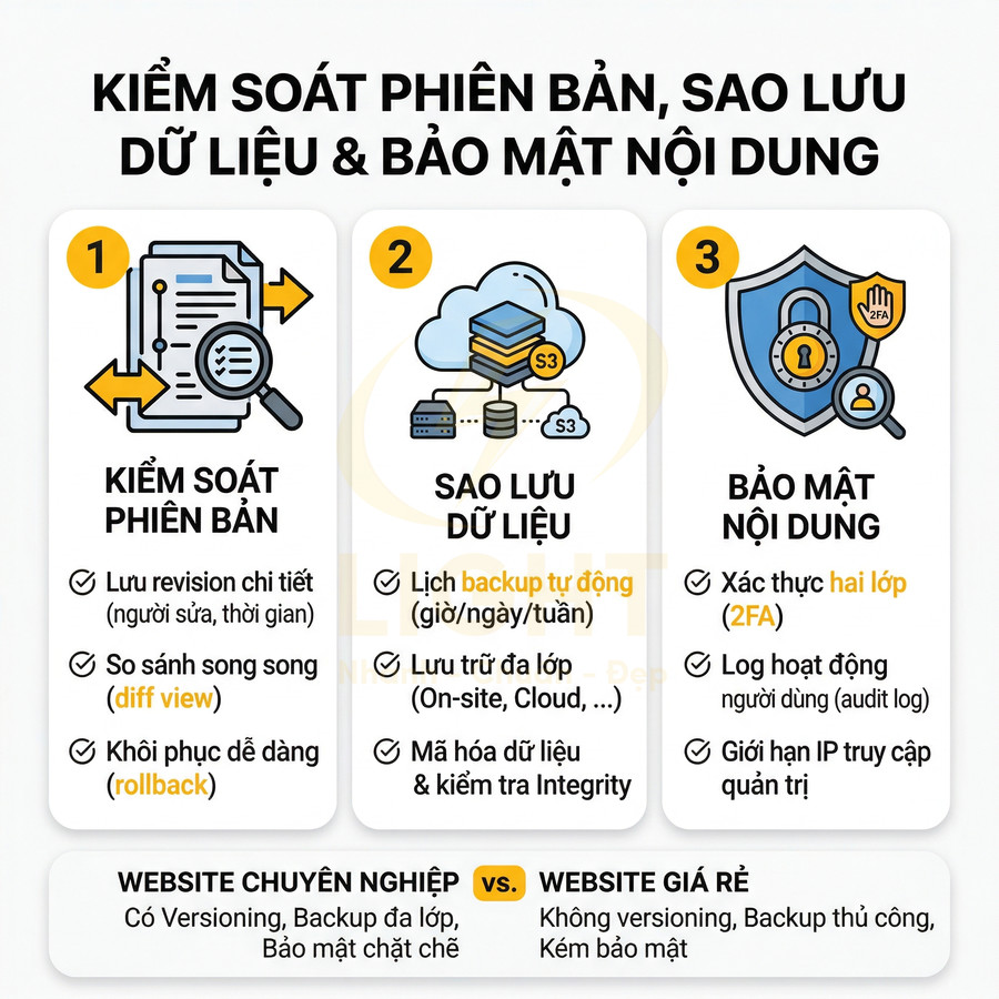 Infographic về kiểm soát phiên bản, sao lưu dữ liệu và bảo mật nội dung cho website chuyên nghiệp