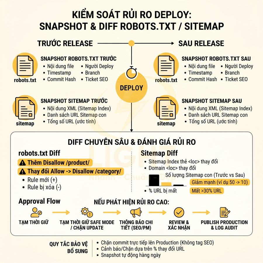 Quy trình kiểm soát rủi ro deploy bằng snapshot và so sánh file robots.txt và sitemap cho SEO