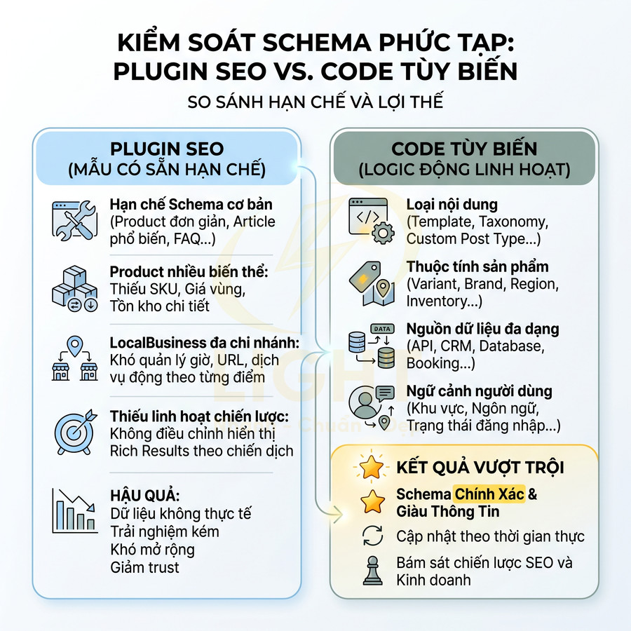 Infographic so sánh kiểm soát schema phức tạp giữa plugin SEO và code tùy biến cho chiến lược SEO