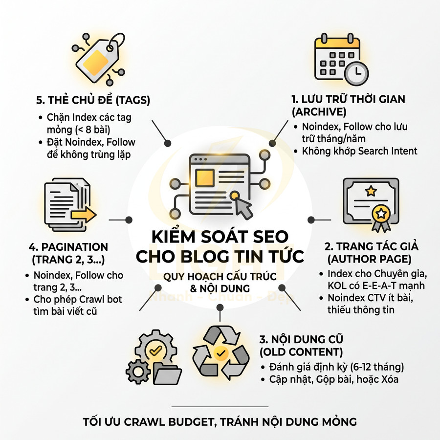 Infographic hướng dẫn kiểm soát SEO cho blog tin tức với các mục lưu trữ, tác giả, nội dung cũ, phân trang và thẻ chủ đề