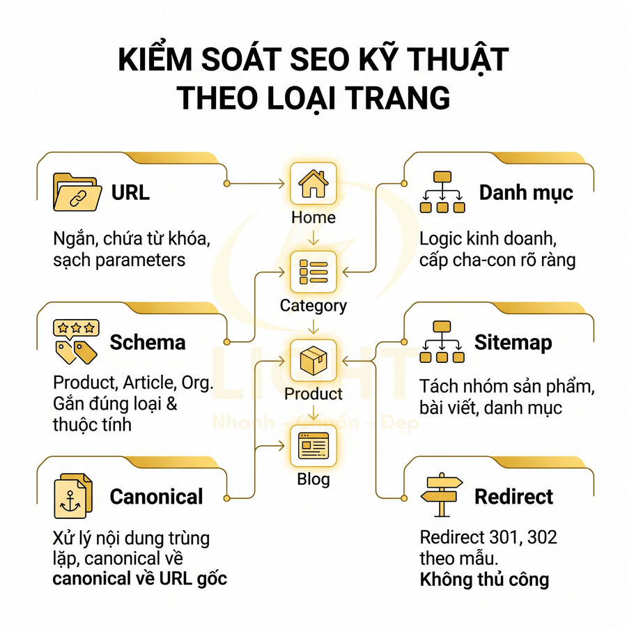 Sơ đồ kiểm soát SEO kỹ thuật theo loại trang với URL, danh mục, schema, sitemap, canonical và redirect