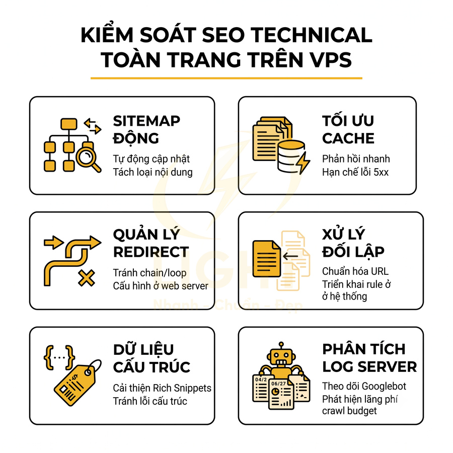 Kiểm soát SEO technical toàn trang trên VPS với sitemap động, tối ưu cache, redirect, dữ liệu cấu trúc và phân tích log server