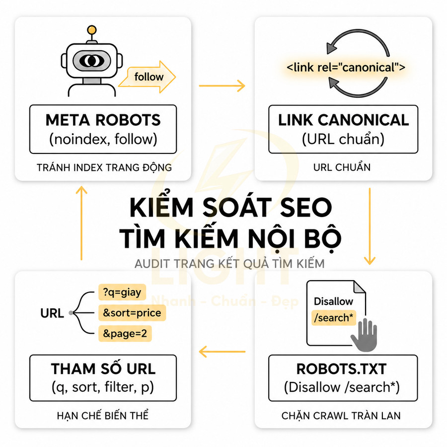 Sơ đồ kiểm soát SEO tìm kiếm nội bộ với meta robots, link canonical, tham số URL và cấu hình robots.txt