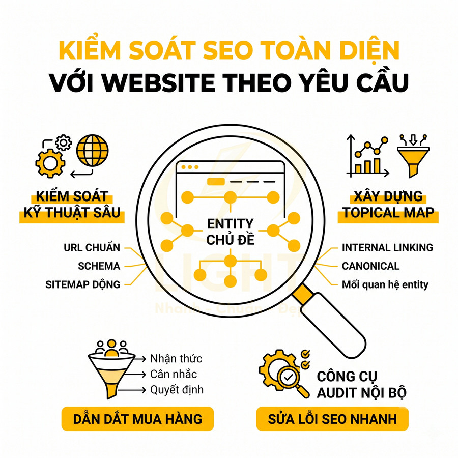 Kiểm soát SEO toàn diện cho website theo yêu cầu với entity chủ đề, topical map và công cụ audit nội bộ