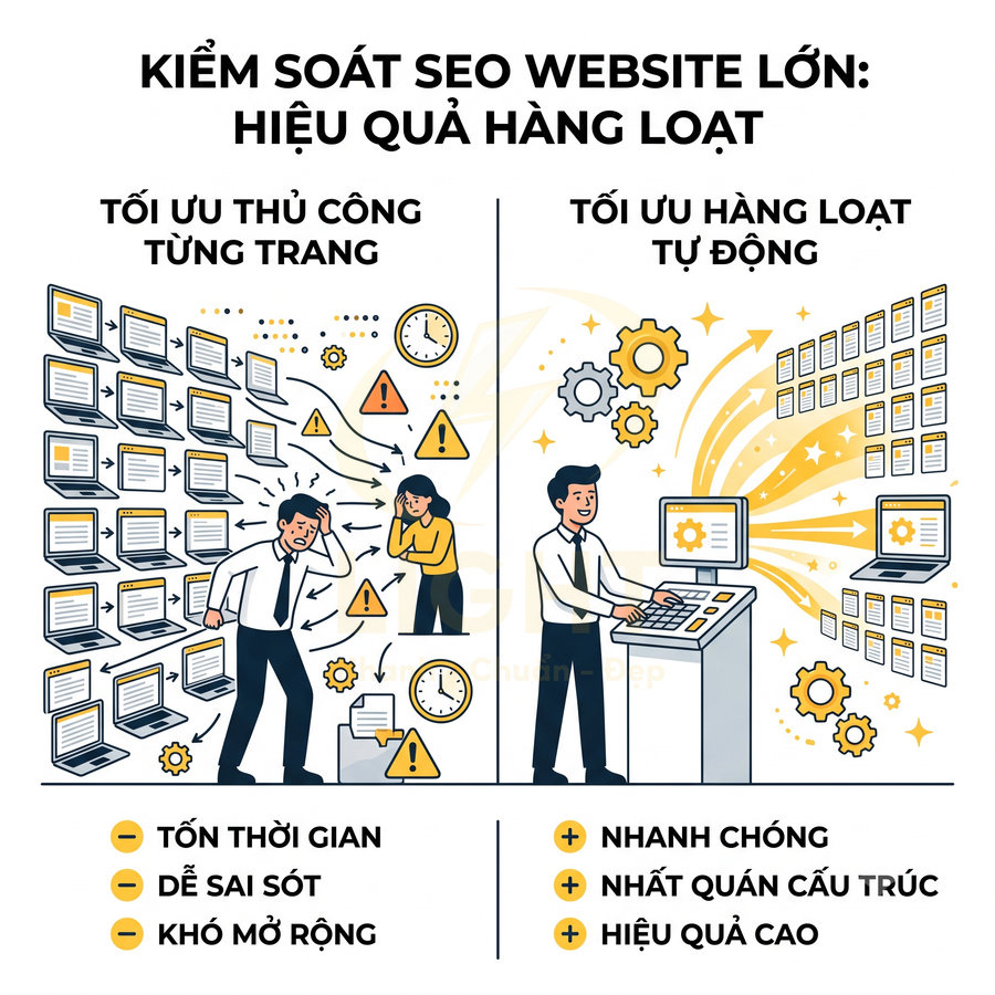 Minh họa so sánh tối ưu SEO website thủ công từng trang với tối ưu hàng loạt tự động hiệu quả cao