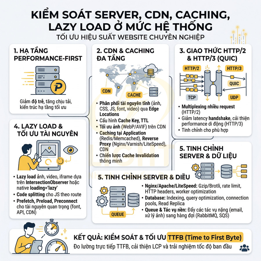 Infographic tối ưu hiệu suất website với kiểm soát server, CDN, caching, lazy load và giao thức HTTP2, HTTP3
