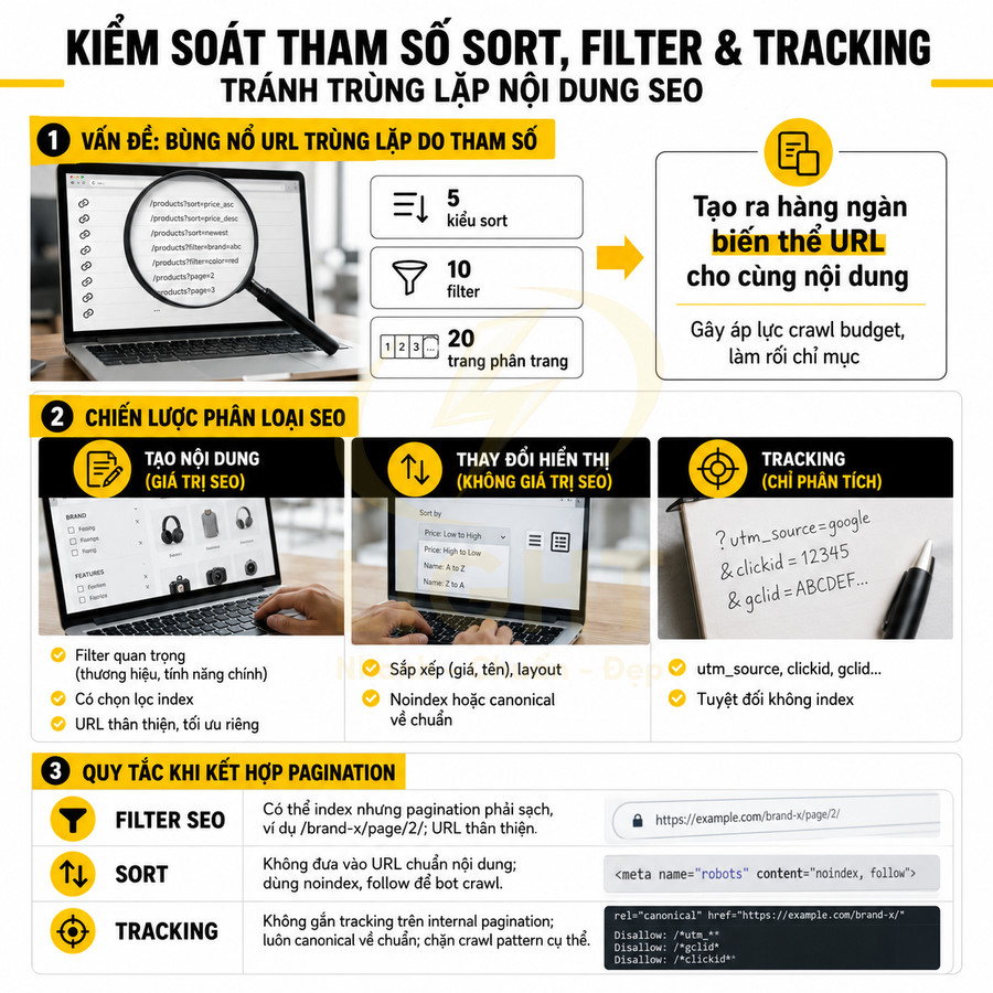 Hướng dẫn kiểm soát tham số sort filter tracking để tránh trùng lặp nội dung SEO trên website