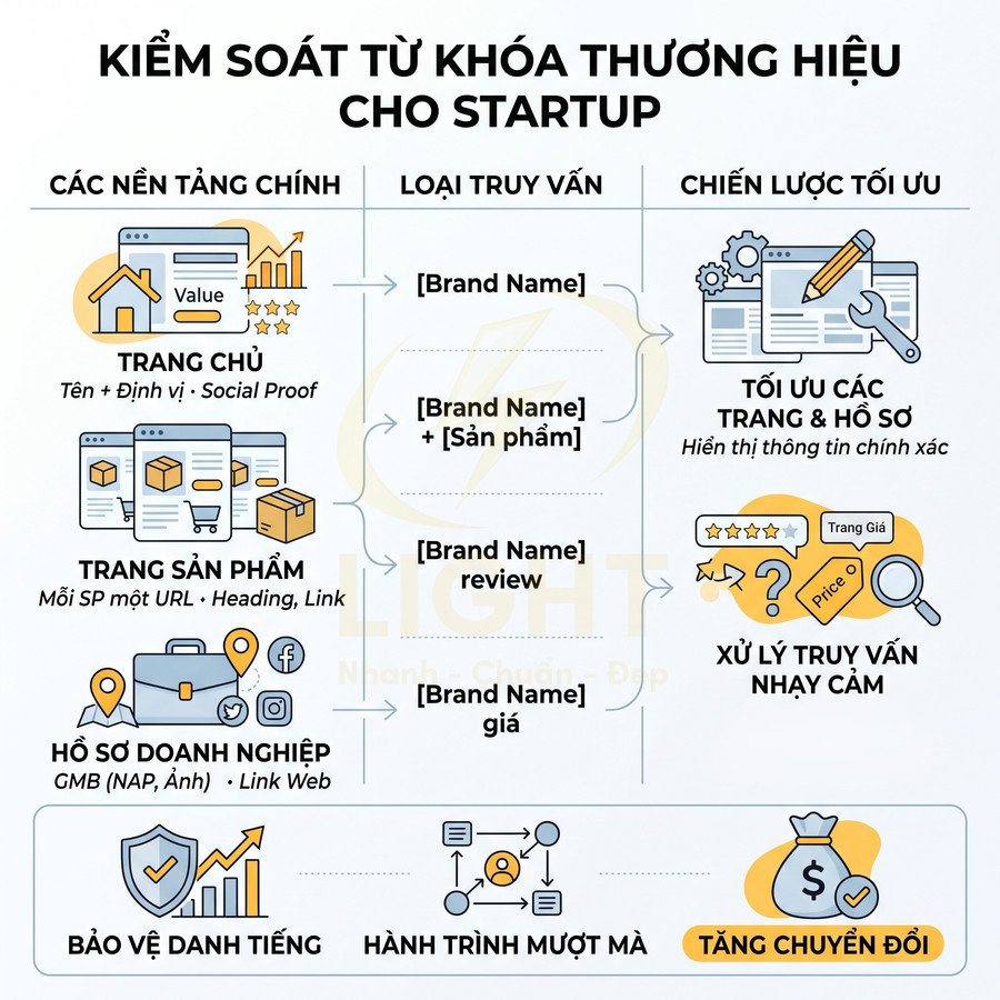 Infographic kiểm soát từ khóa thương hiệu cho startup với các nền tảng chính và chiến lược tối ưu SEO