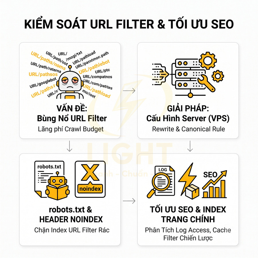 Sơ đồ quy trình kiểm soát URL filter và tối ưu SEO bằng cấu hình server, robots.txt và header noindex