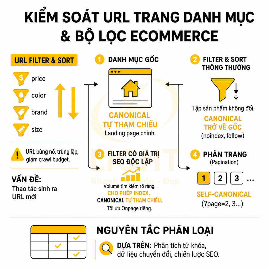Hướng dẫn kiểm soát URL trang danh mục và bộ lọc sản phẩm ecommerce chuẩn SEO