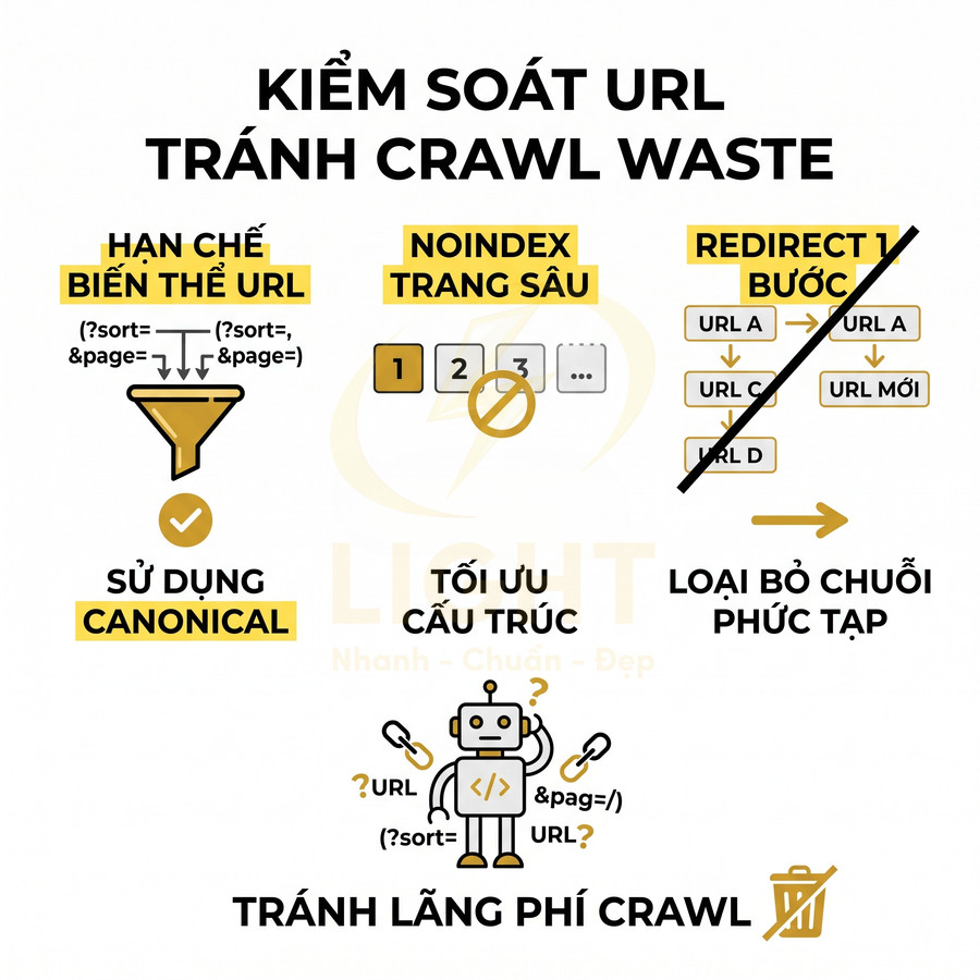 Hướng dẫn kiểm soát URL tránh crawl waste với canonical, noindex trang sâu và redirect 1 bước trong SEO